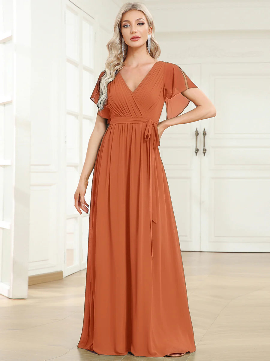 Short Sleeve Ruffle Deep V-Neck A-Line Floor Length Evening Dresses