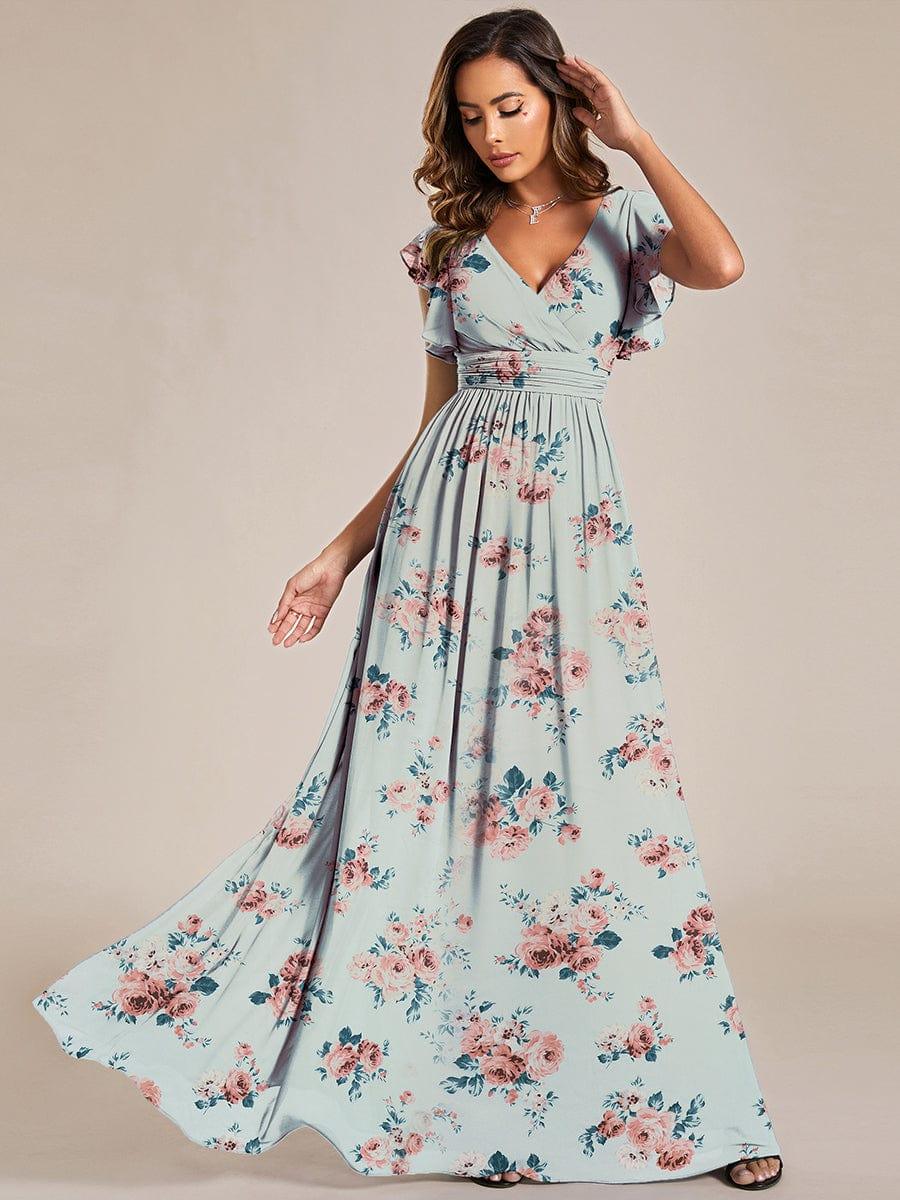 Ever LILYANA|Floral V-Neck Open Back Ruffled Sleeves Chiffon Bridesmaid Dress