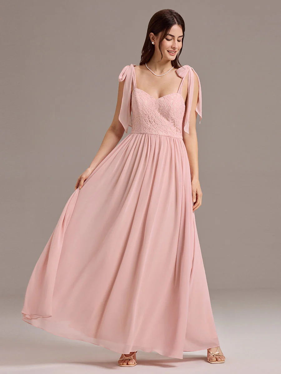 Chiffon Sweetheart Neck Bow Tie Backless A-Line Lace Bridesmaid Dress