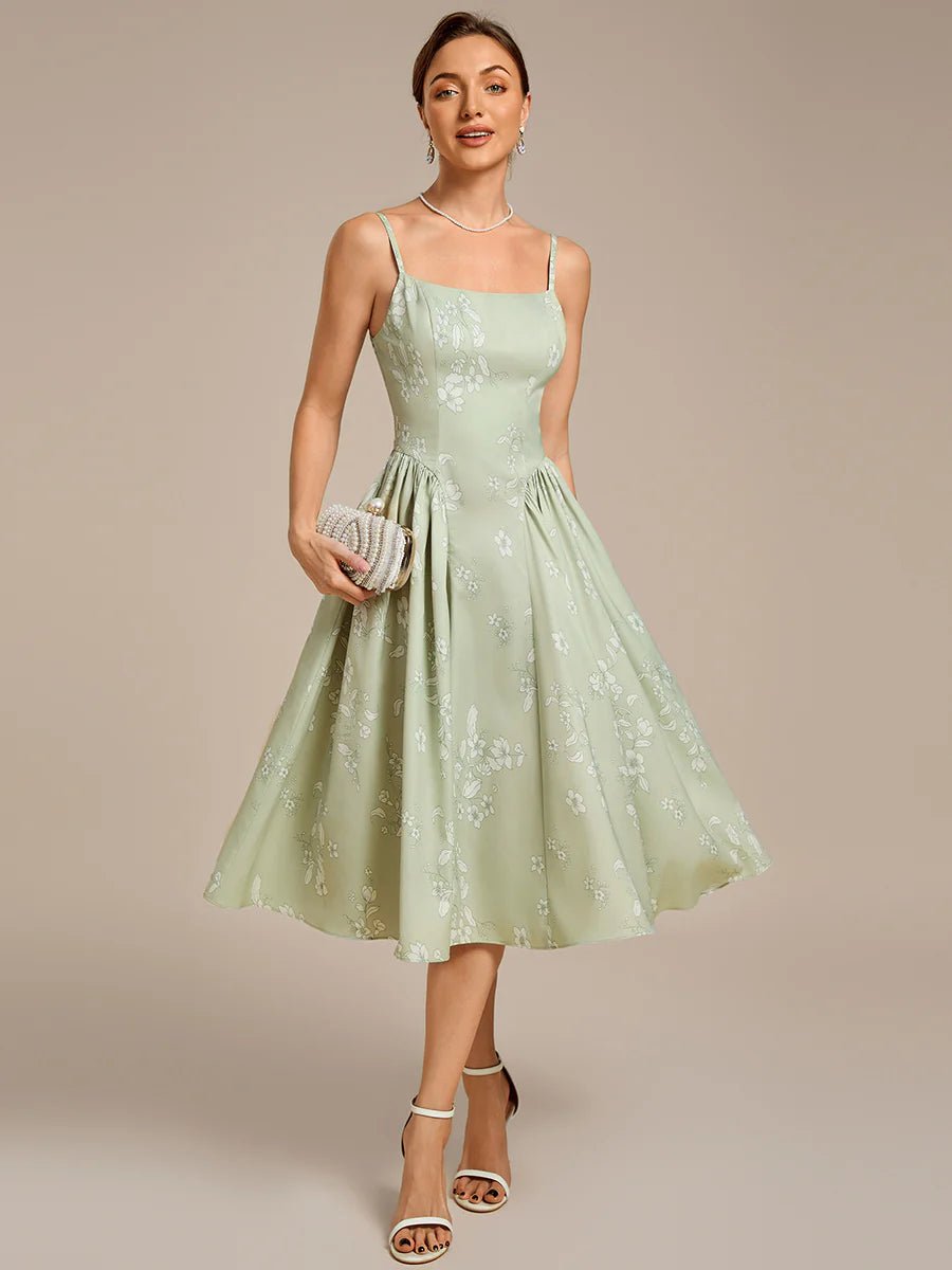 B2B-Exclusive Sleeveless Floral A-Line Square Neck Midi Wedding Guest Dress