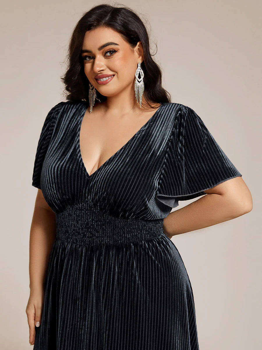 Plus-Size-V-Neck Tea Length Velvet Wedding Guest Dresses