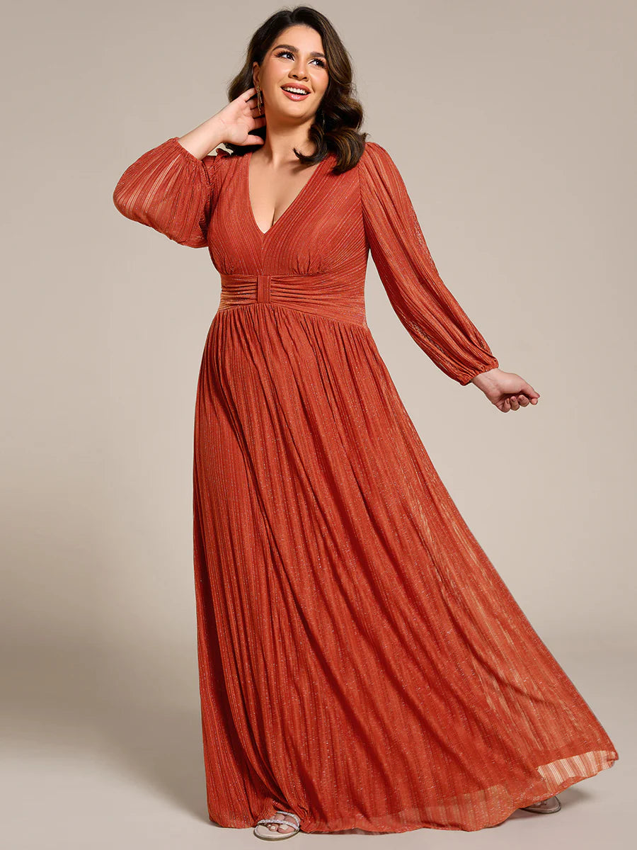 Plus Size Maxi Long Chiffon Waist  V Neck Wholesale Evening Dress with Long Sleeves