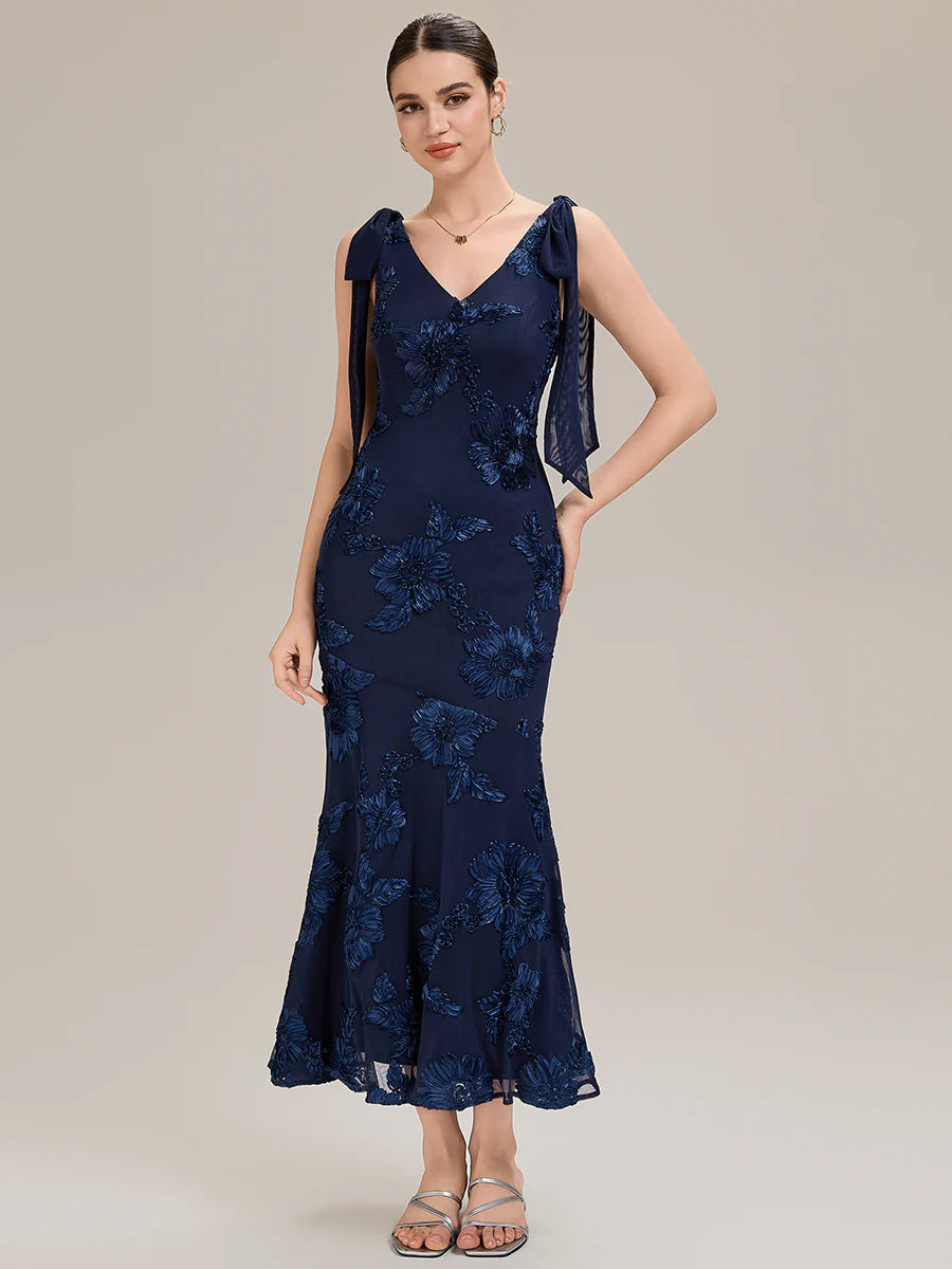 Sleeveless Strapless Fishtail Maxi Dress with Tie-Front Evening Dresses
