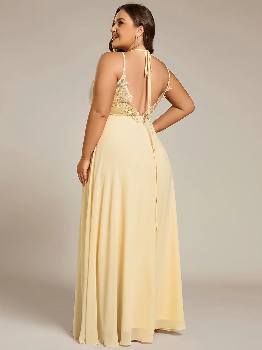 Plus Size Sleeveless V-Neck Appliques A-Line Floor Length Bridesmaid Dresses