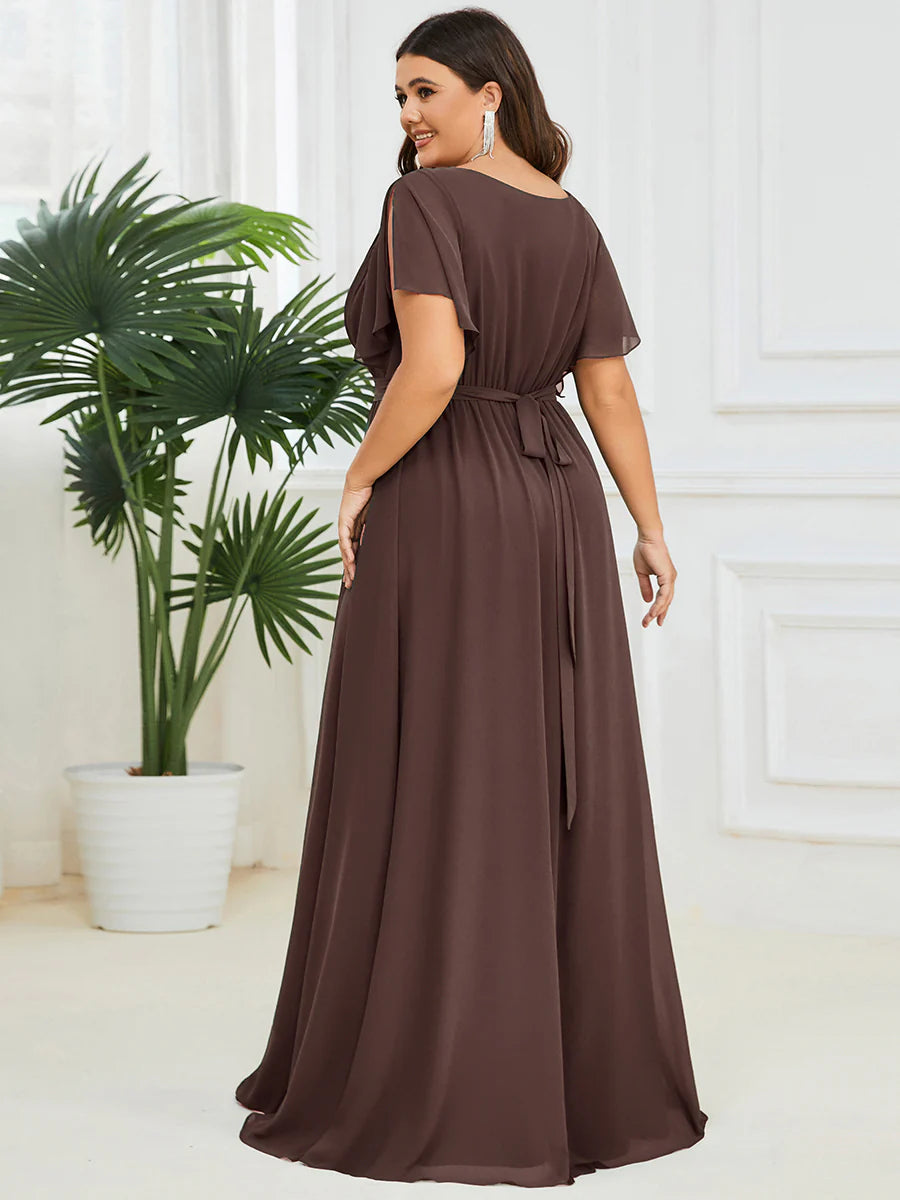 Short Sleeve Ruffle Deep V-Neck A-Line Floor Length Evening Dresses