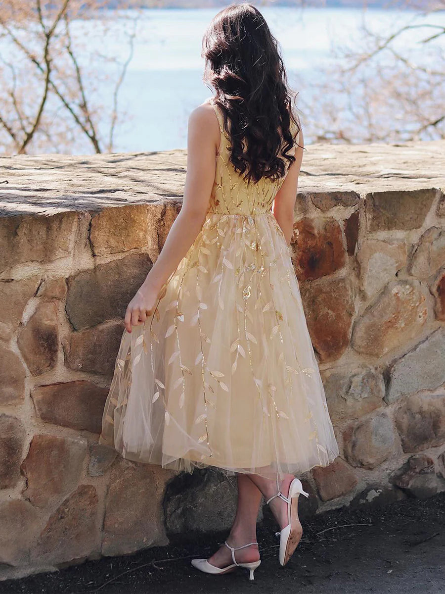 V-Neck Sequin Midi Wedding Guest Dress With Sleeveless