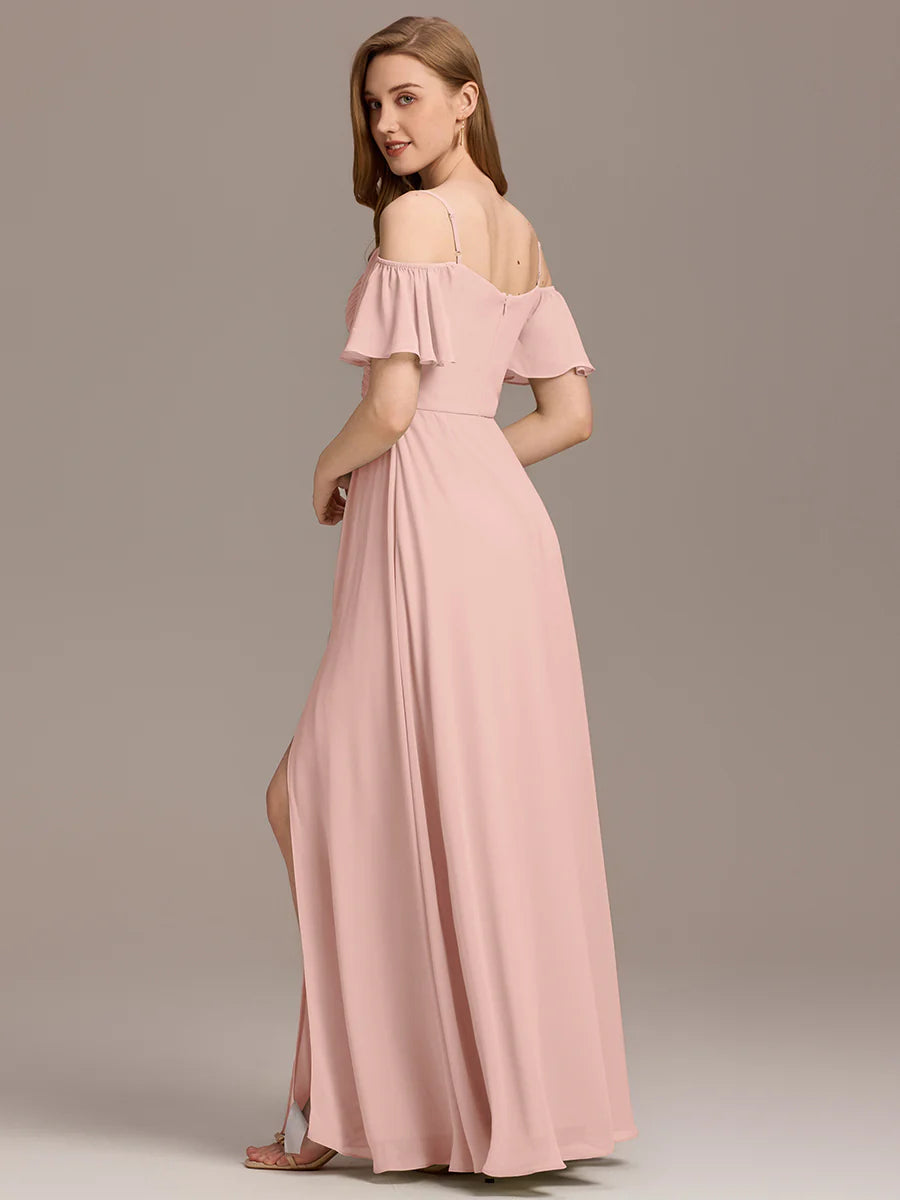 Short Sleeve Off Shoulder Pleated A-Line Split Floor-Length Bridesmaid Dresses
