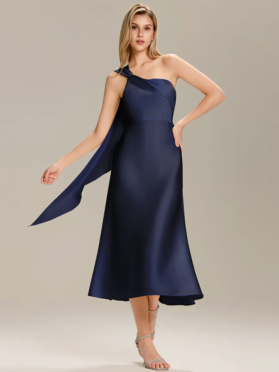 One Shoulder Gathered Non-Stretch Midi Wrap Wedding Guest Dresses
