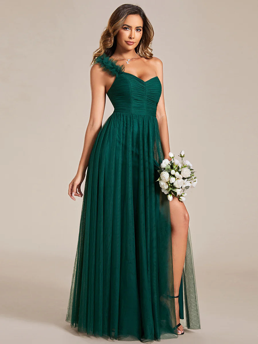 Pleated Backless One Shoulder Split Tulle Wholesale Bridesmaid Dresses