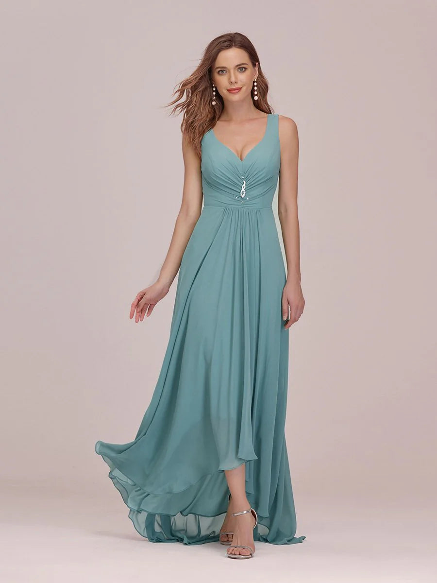 Double V Neck Rhinestones Ruched Bust High Low Evening Dresses