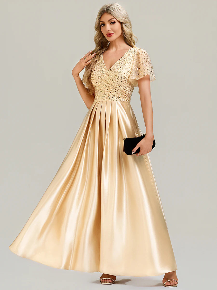 V-Neck Short Sleeve Evening Dress with Ruffle and Sheer Appliques