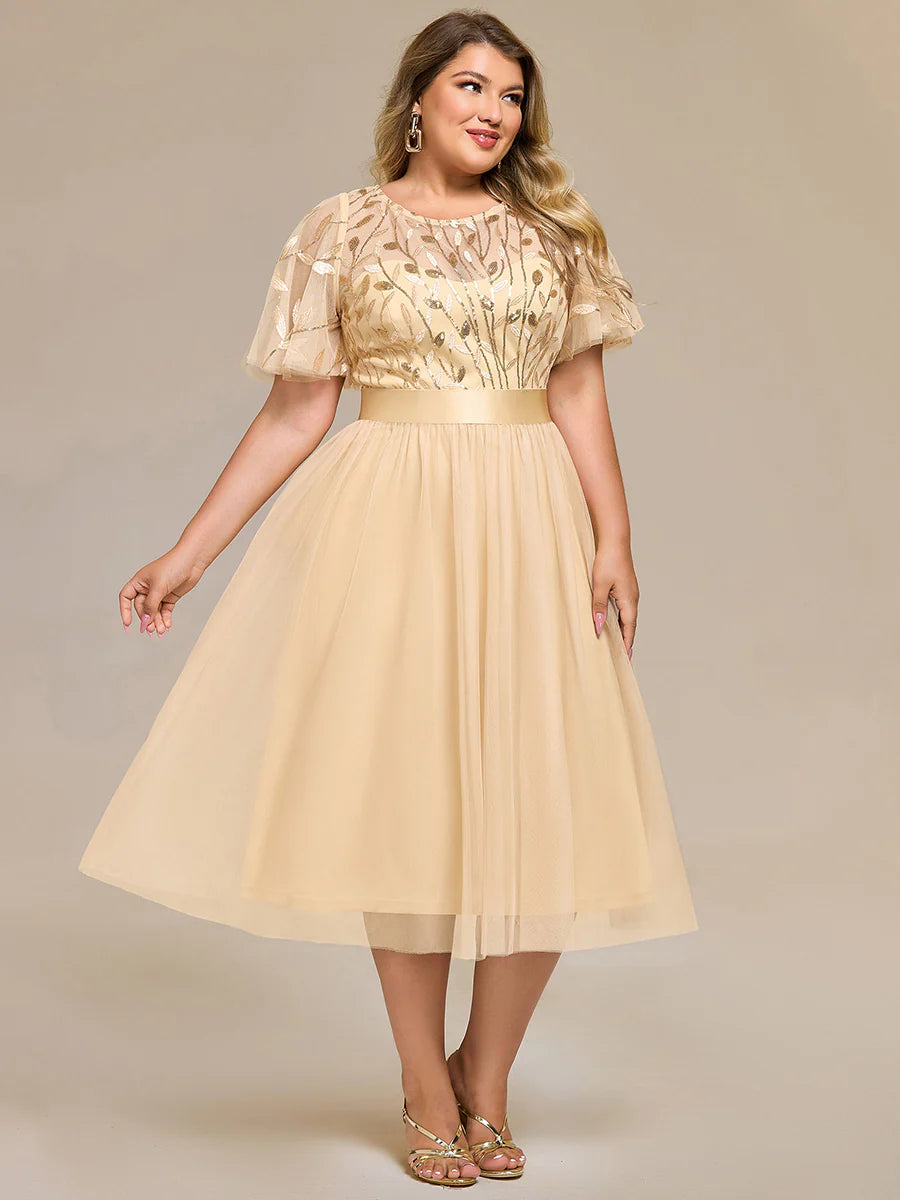 Bulk Order | Plus Size Fit A-Line Deep V-Neck Evening Gown | Ruffled Short Sleeve Midi Dress