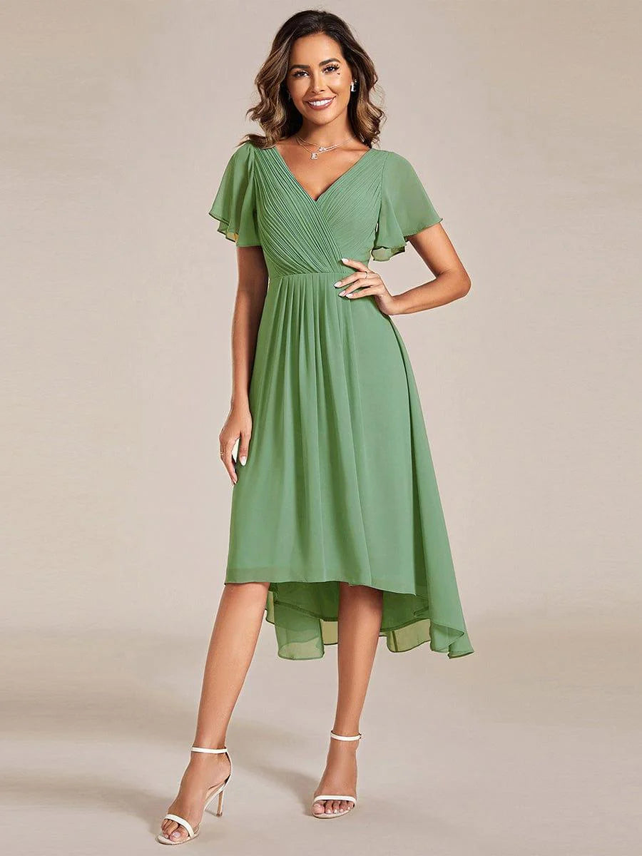 Chic V Neck High-Low Short Sleeve Wedding Guest Dress