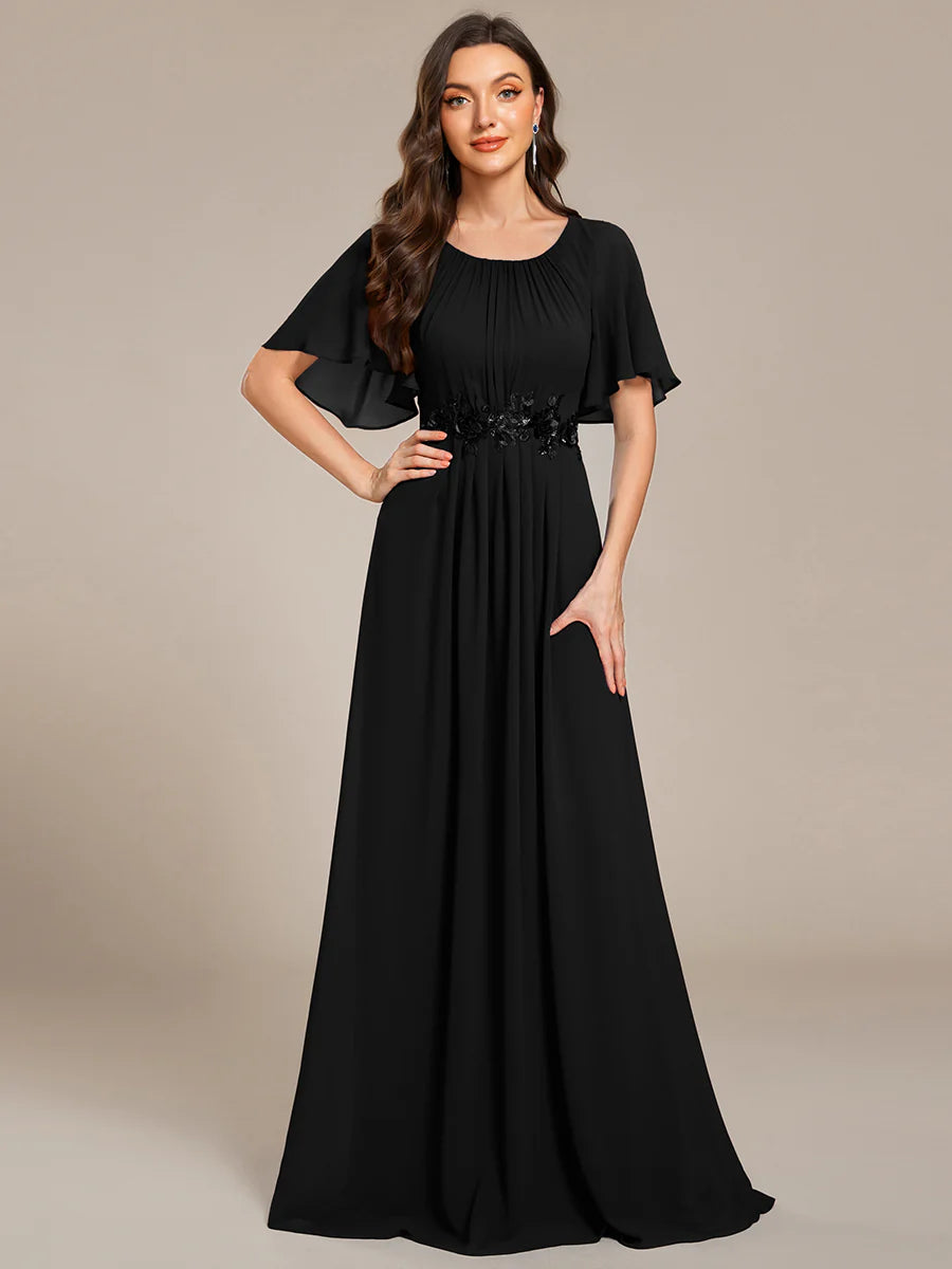 Short Sleeves Pleated Applique A-Line Floor-Length Formal Evening Dress