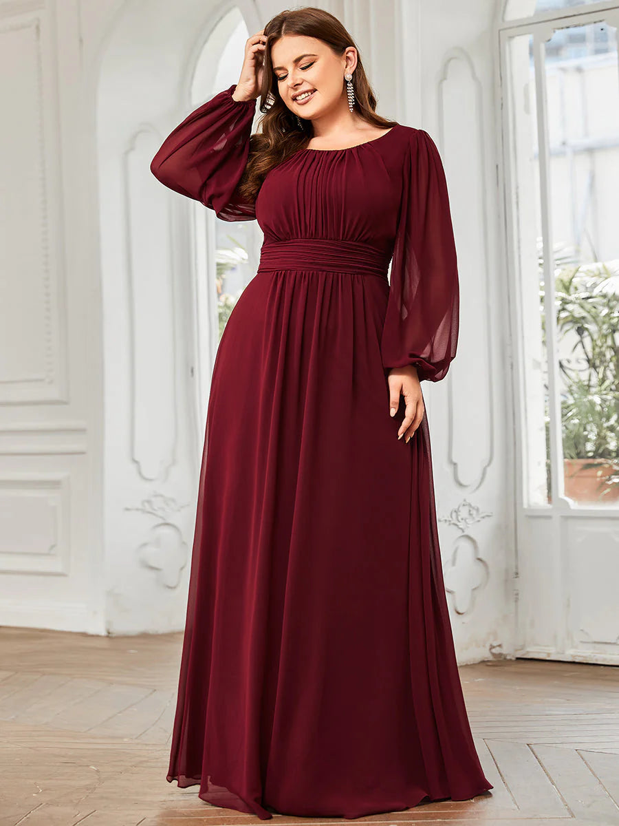 Plus Size Round Neck Wholesale Bridesmaid Dresses with Long Lantern Sleeves