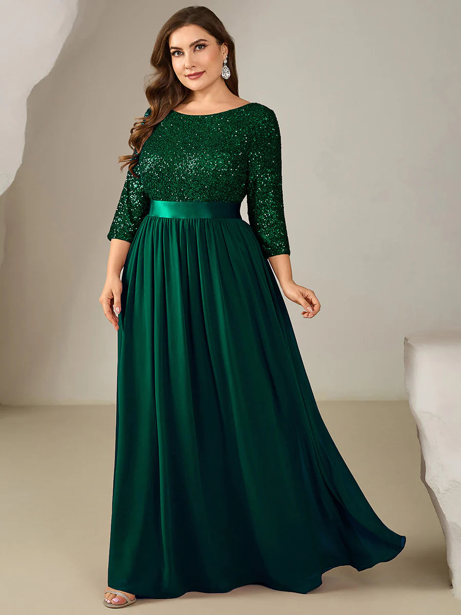 3/4 Sleeve Sequin Patchwork A-Line Floor Length Evening Dresses