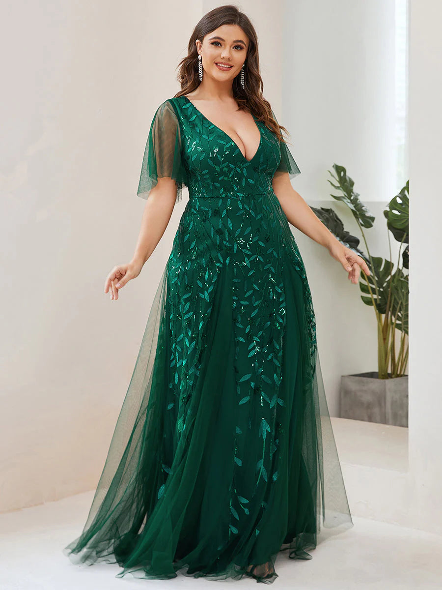 Plus Size Deep V Neck Wholesale Sequin Evening Gown With Short Sleeves