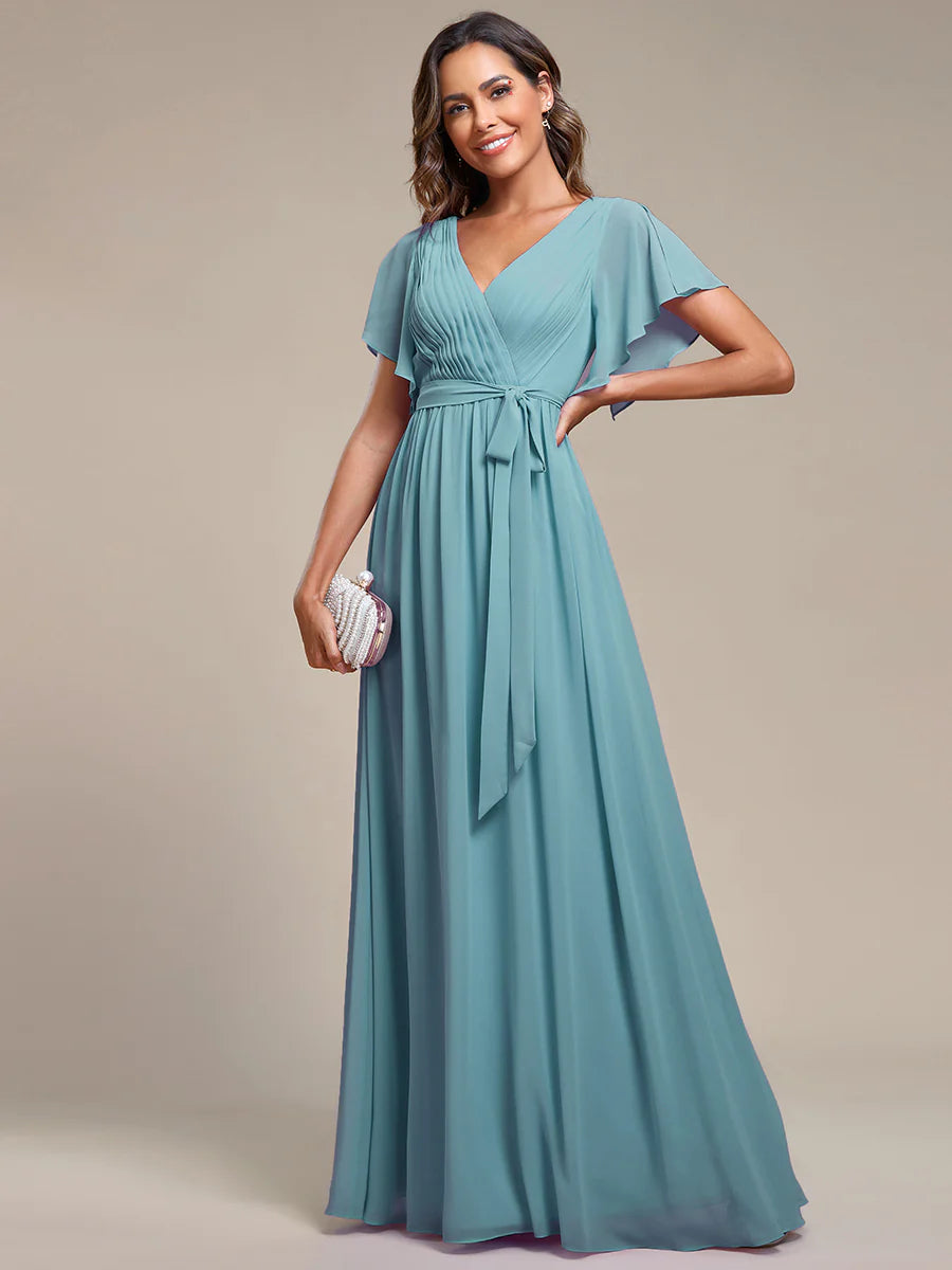 A Line Wholesale Evening Dresses with Deep V Neck Ruffles Sleeves