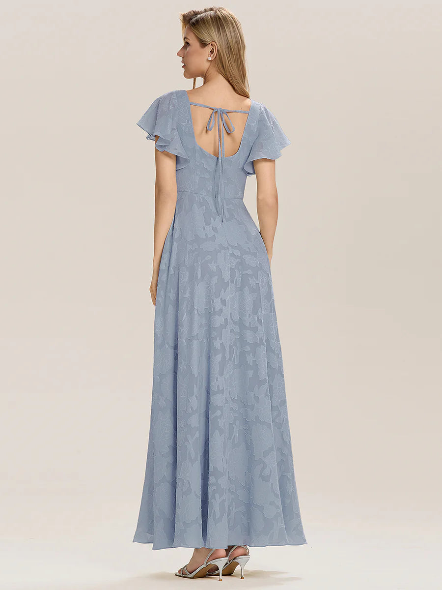 Short Sleeve Ruffle Tie-Front Backless A-Line Floor Length Evening Dresses