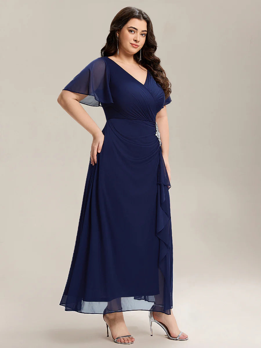 Short Sleeve Ruffle Deep V-Neck A-Line Maxi Dress with Slit Mother of the Bride Dresses