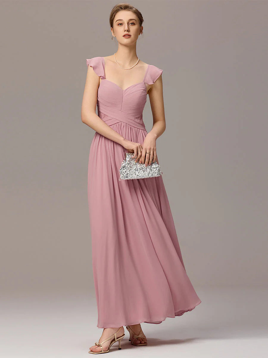 Wholesale Custom Made Back-Tie Pleated Ruffles Sleeves Bridesmaid Dress