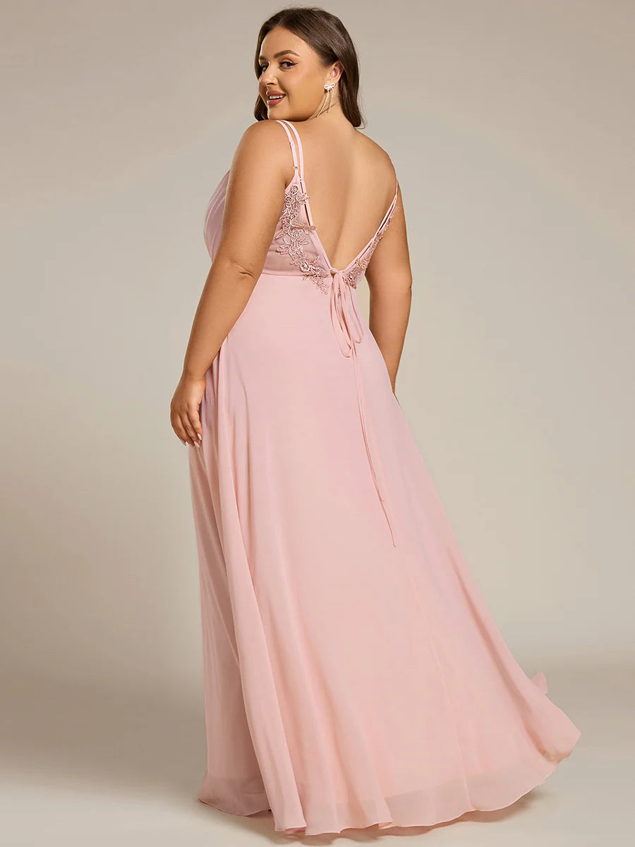 Plus Size Sleeveless V-Neck Appliques A-Line Floor Length Bridesmaid Dresses