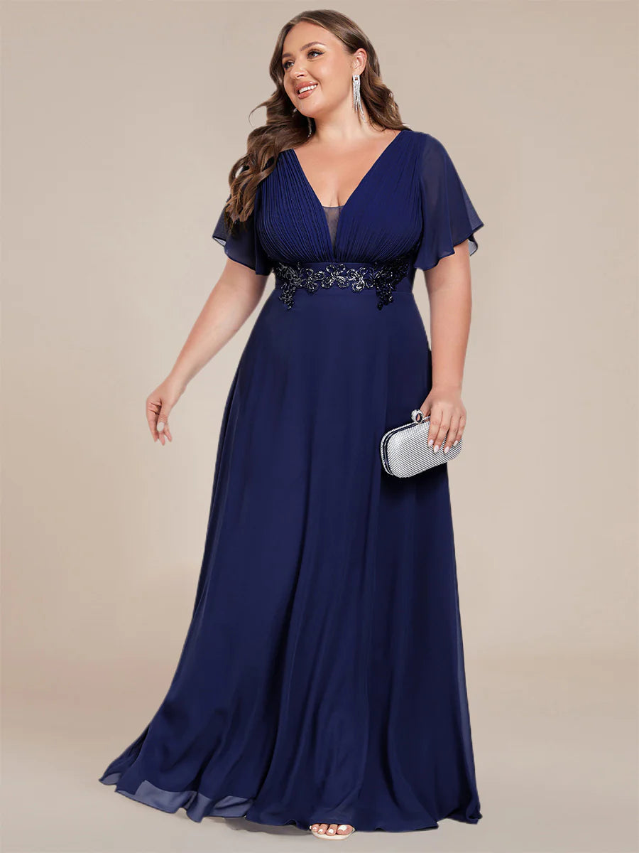 Plus Size Elegant Ruffles Sleeve Chiffon Evening Dresses with Pleated Applique Decoration