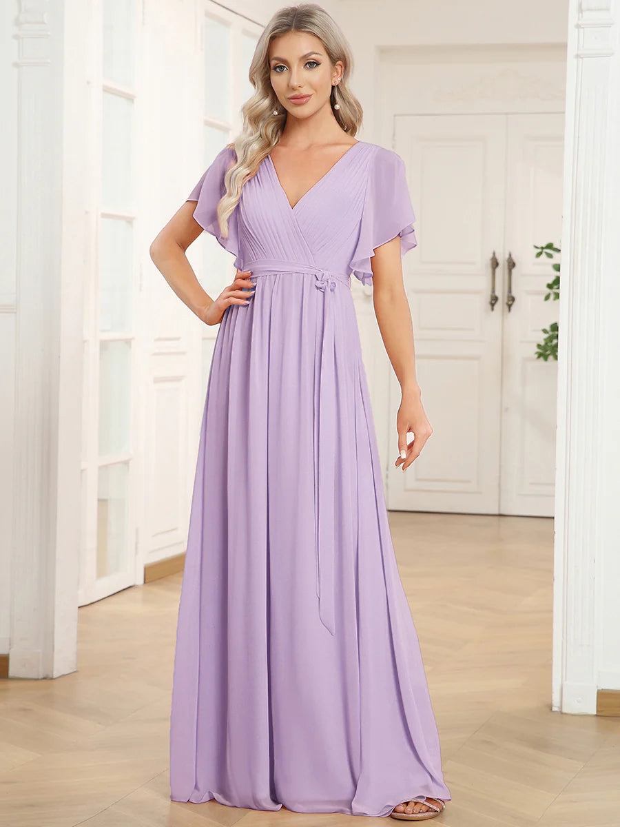 A Line Wholesale Evening Dresses with Deep V Neck Ruffles Sleeves