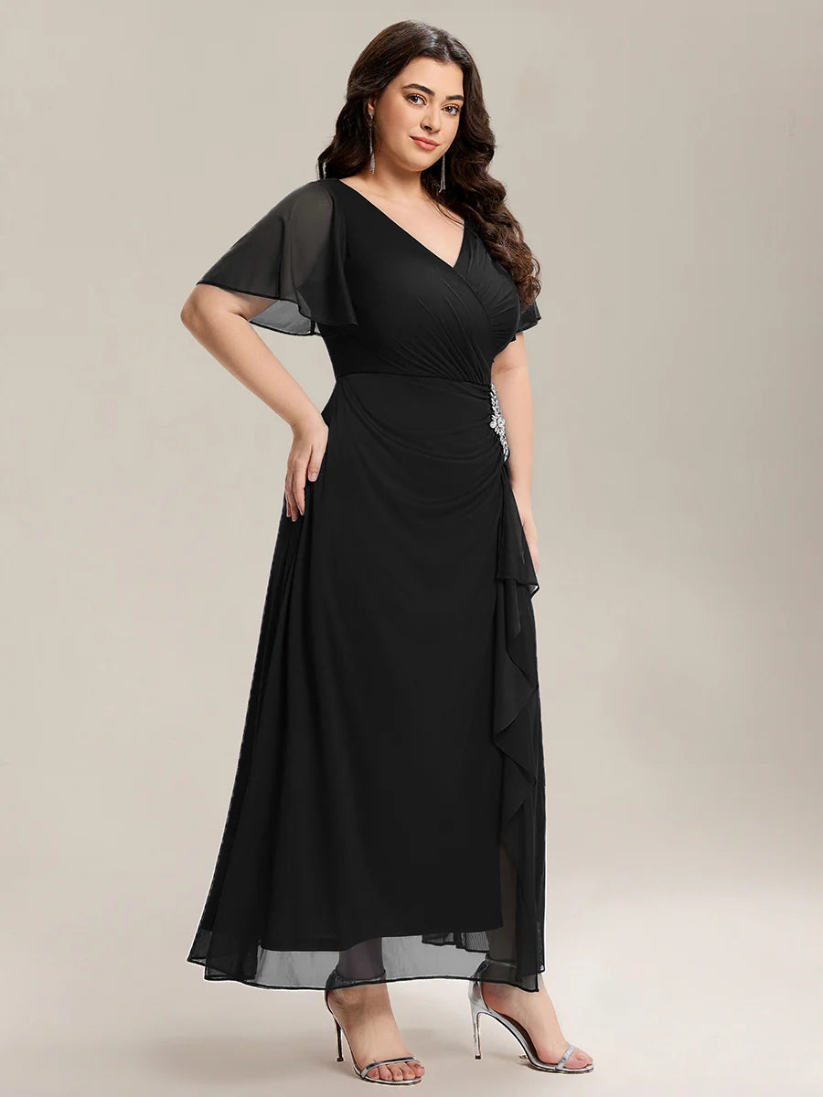 Short Sleeve Ruffle Deep V-Neck A-Line Maxi Dress with Slit Mother of the Bride Dresses