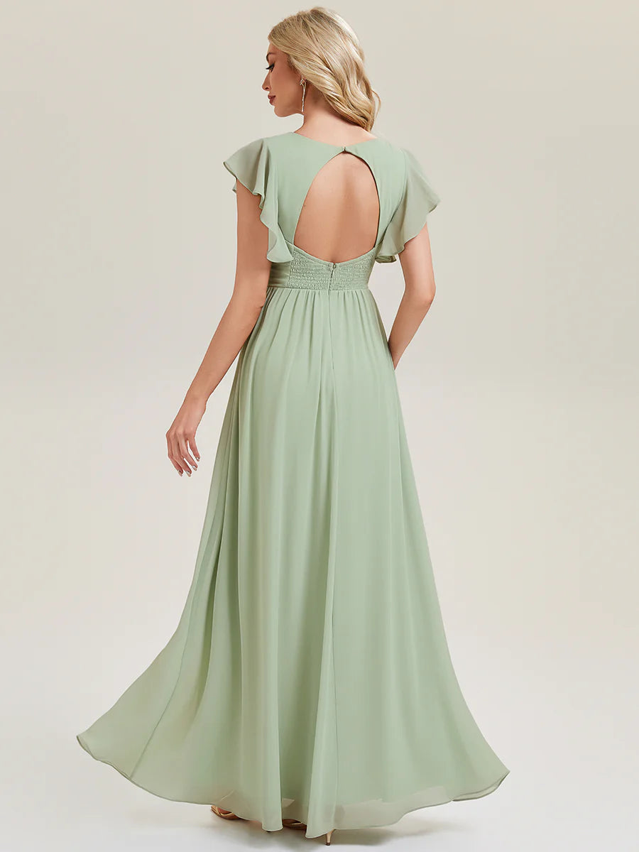 Short Sleeve Ruffled Ruched Backless A-Line Floor Length Bridesmaid Dresses