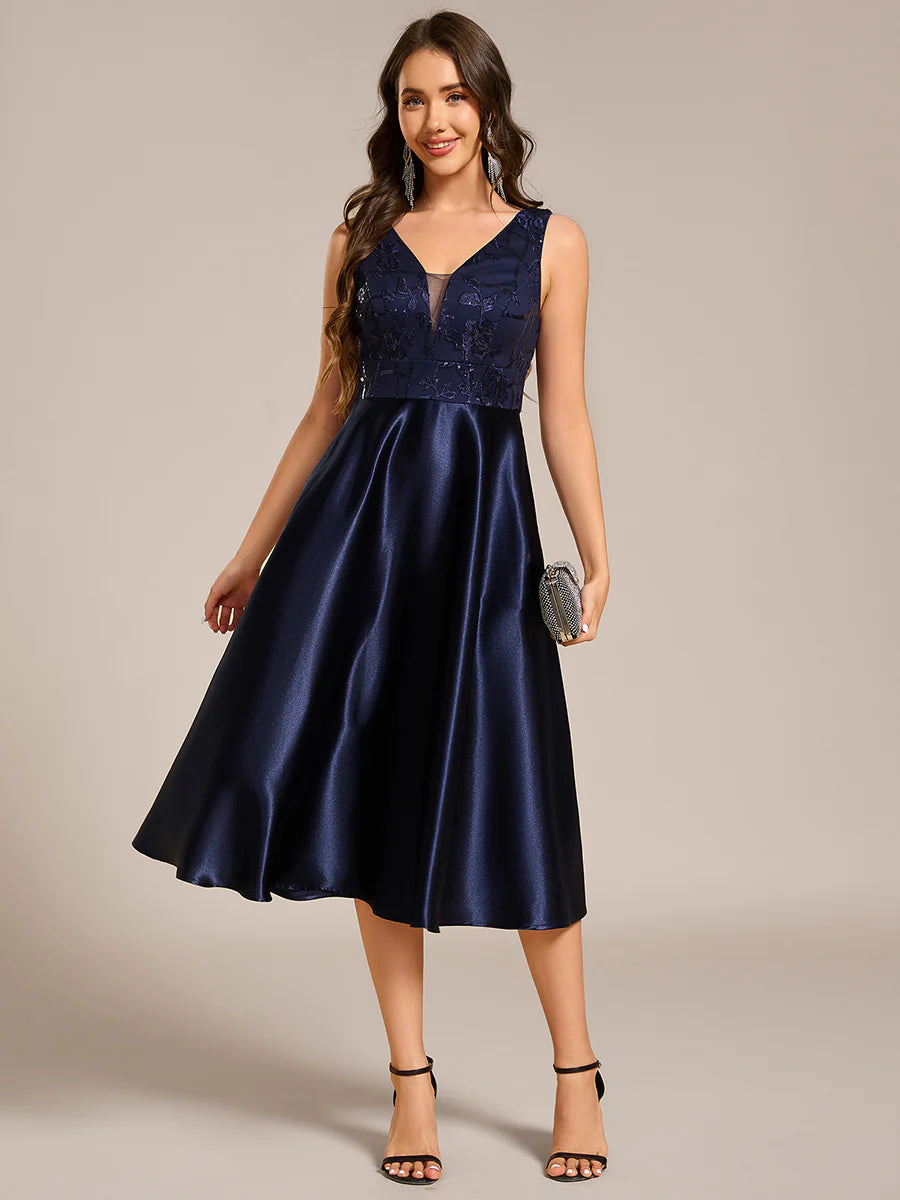 Strapless A-Line Midi Dress with Deep V-Neck Wedding Guest Dress