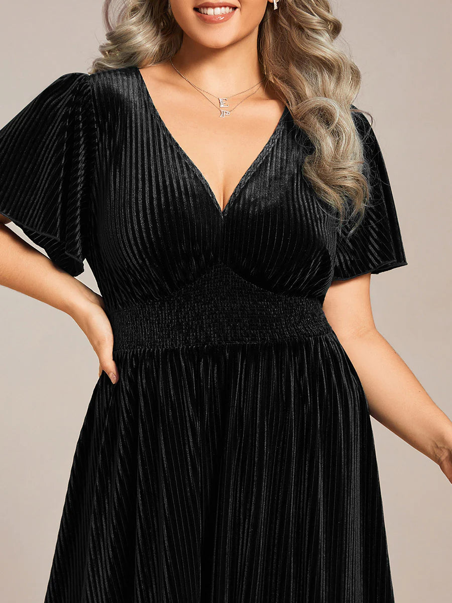 Plus-Size-V-Neck Tea Length Velvet Wedding Guest Dresses