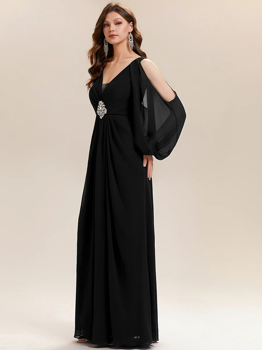 Volume Discounts Long Sleeve Lantern Sleeve A-Line Floor Length V-Neck Wedding Guest Dresses