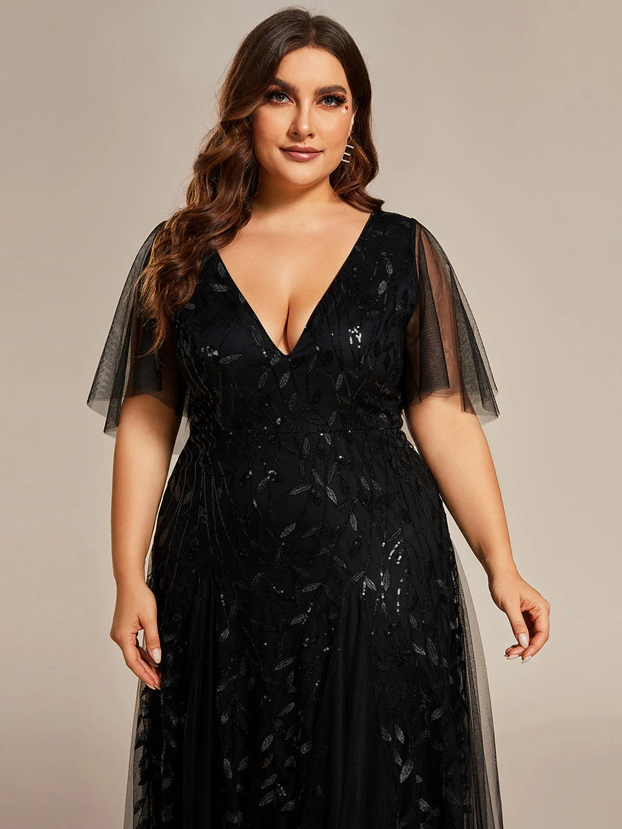 Plus Size Deep V Neck Wholesale Sequin Evening Gown With Short Sleeves