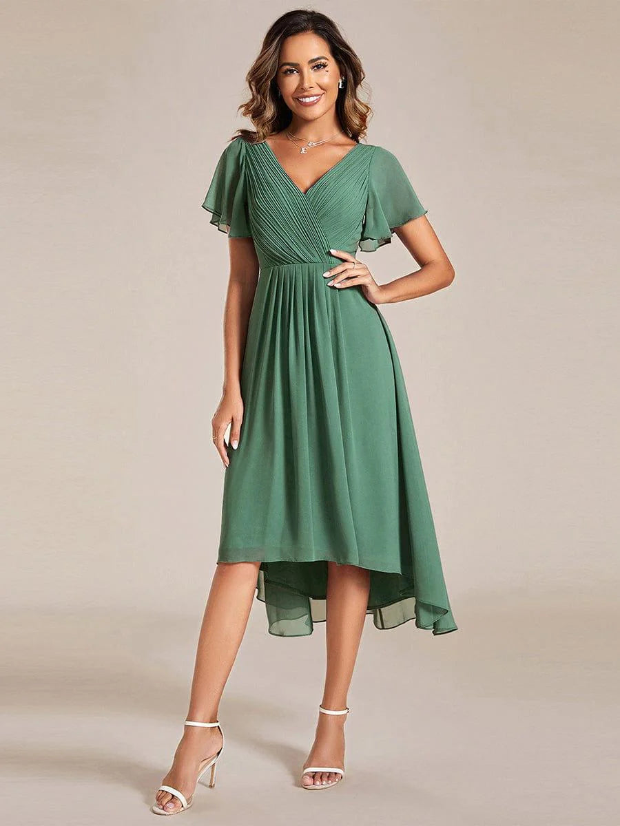Chic V Neck High-Low Short Sleeve Wedding Guest Dress