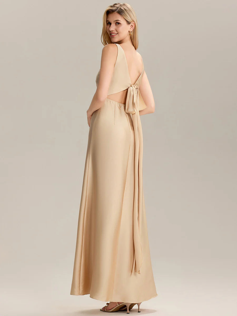 Short Sleeve V-Neck Backless A-Line Floor Length Bridesmaid Dresses
