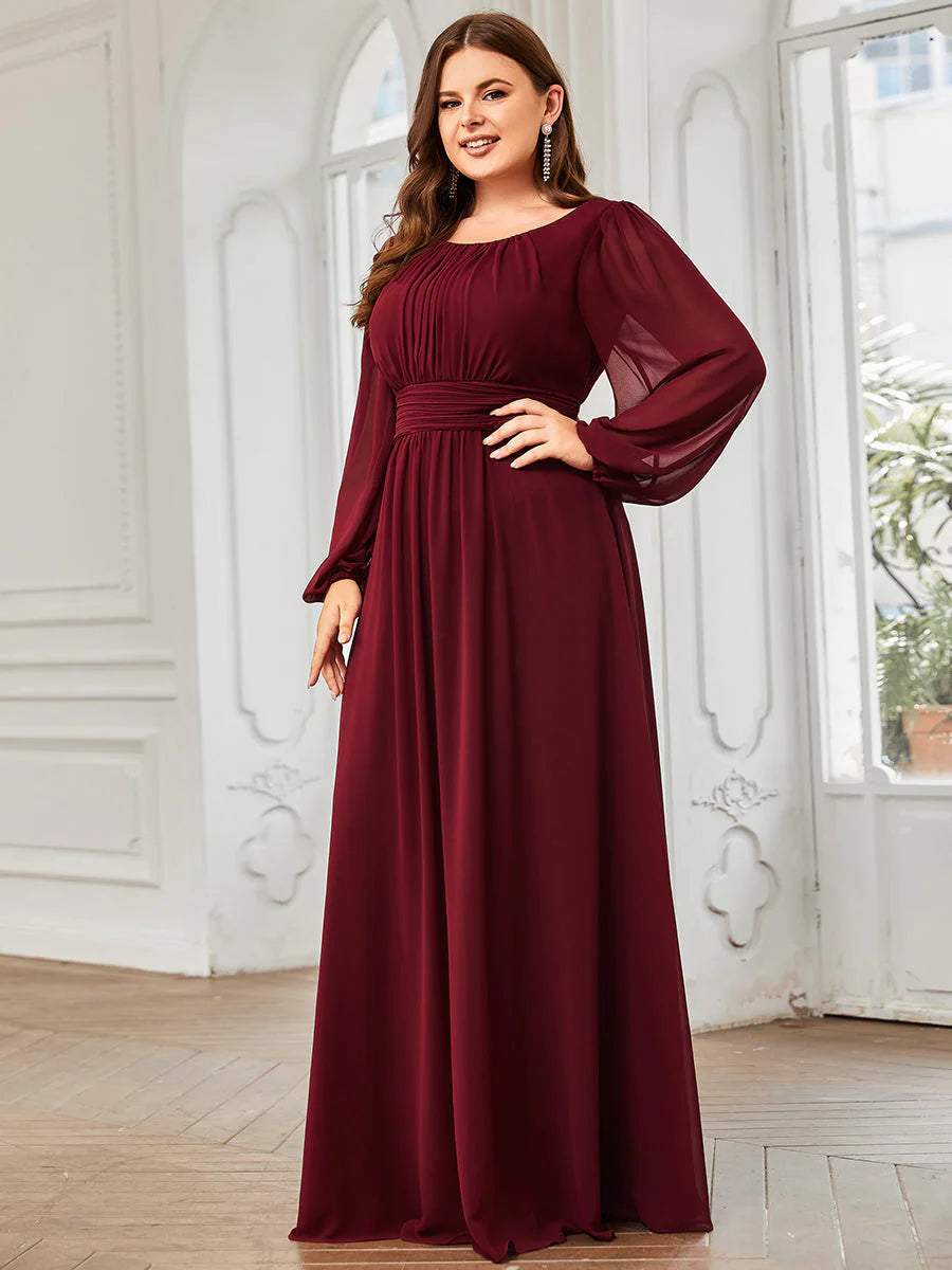 Plus Size Round Neck Wholesale Bridesmaid Dresses with Long Lantern Sleeves