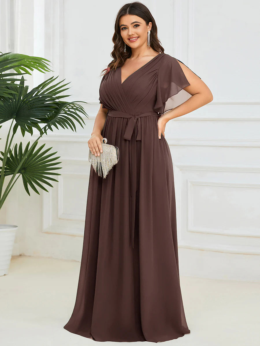 Short Sleeve Ruffle Deep V-Neck A-Line Floor Length Evening Dresses