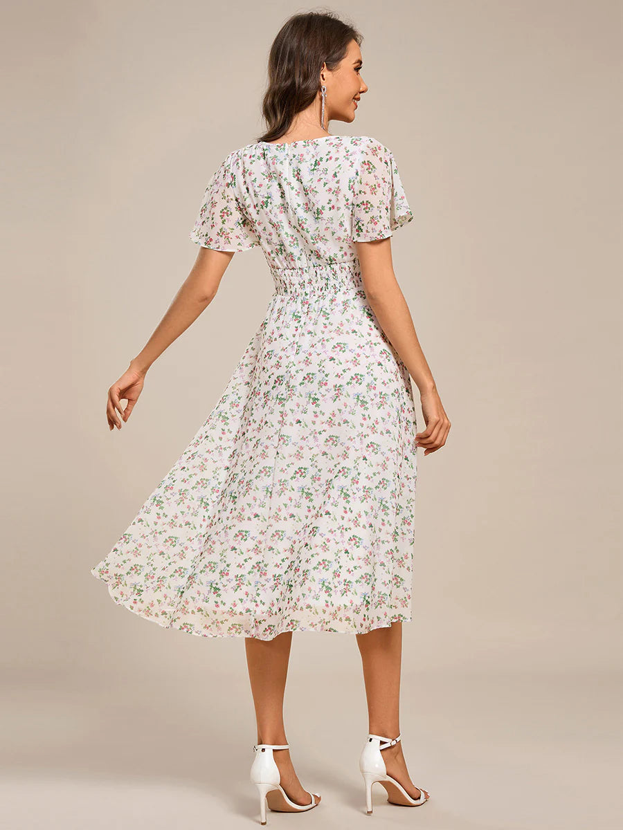 Short Sleeve Ruffled V-Neck Pleated Asymmetrical Midi Wedding Guest Dresses