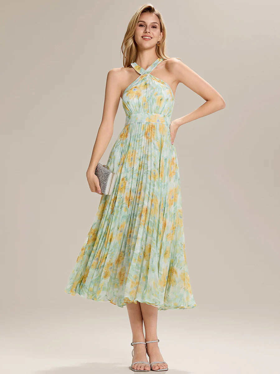 Sleeveless Halter Neck Pleated Floral A-Line Midi Wedding Guest Dress