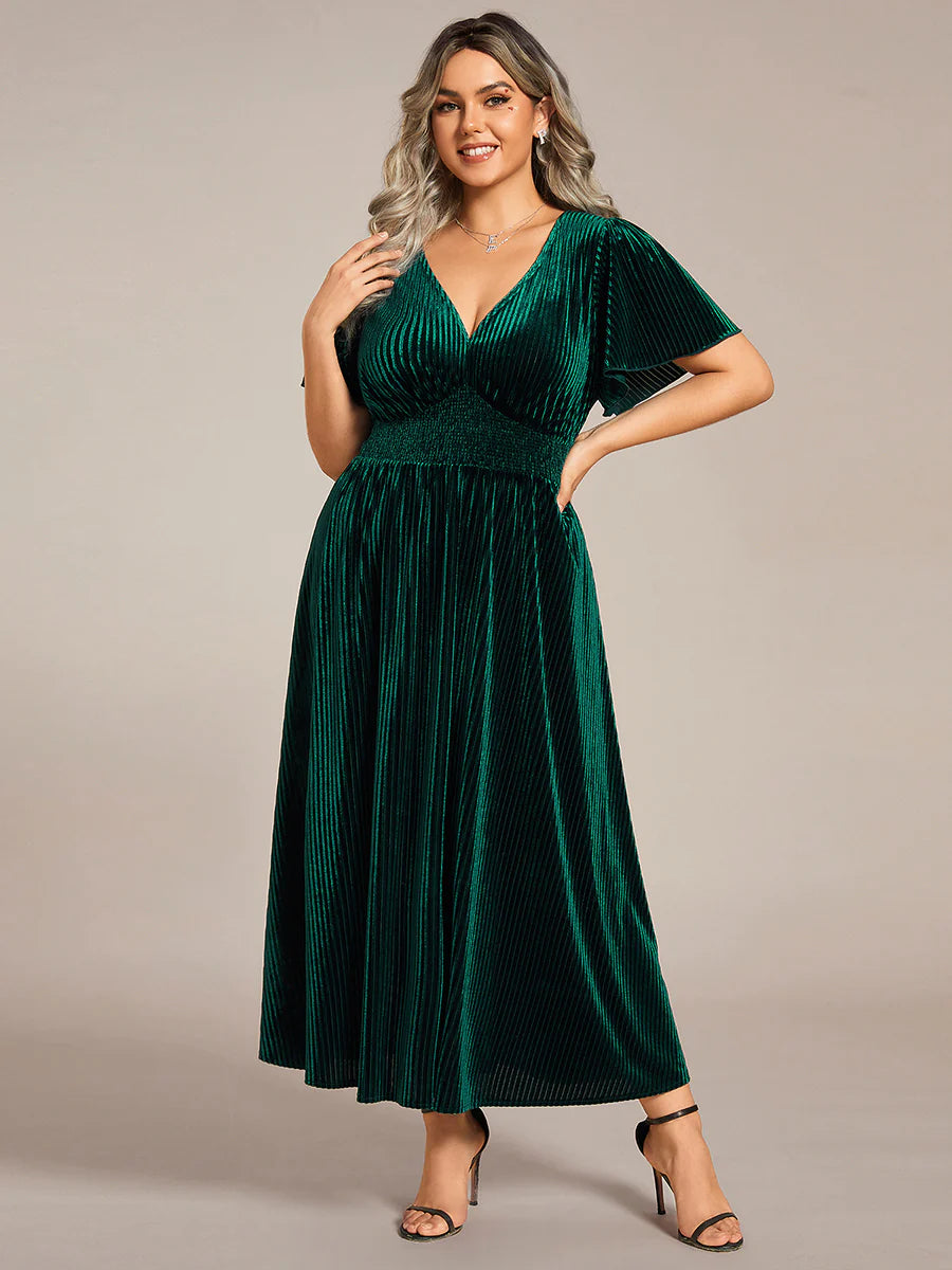 Plus-Size-V-Neck Tea Length Velvet Wedding Guest Dresses