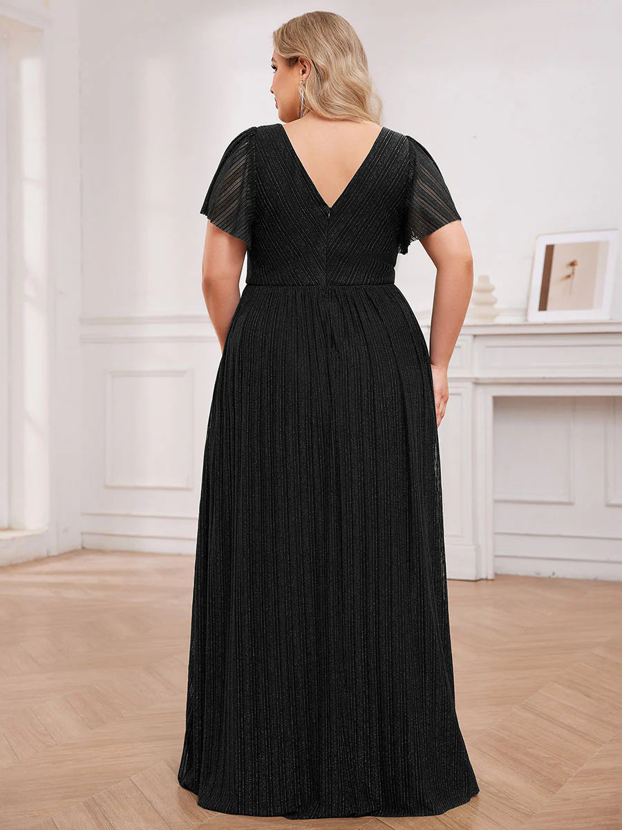 Plus Size Elegant See-Through Deep V Neck Floor Length Short Ruffles Sleeves Sequin Evening Dresses