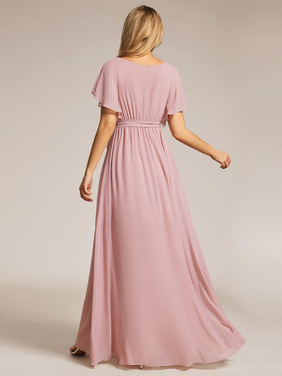 A Line Wholesale Evening Dresses with Deep V Neck Ruffles Sleeves