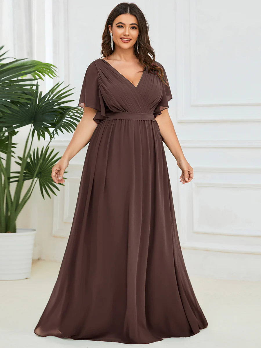 Short Sleeve Ruffle Deep V-Neck A-Line Floor Length Evening Dresses