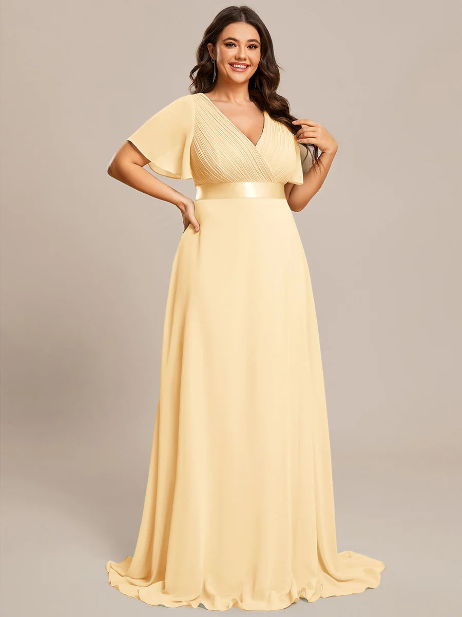 Glamorous Double V-Neck Ruffles Padded Plus Size Evening Dresses