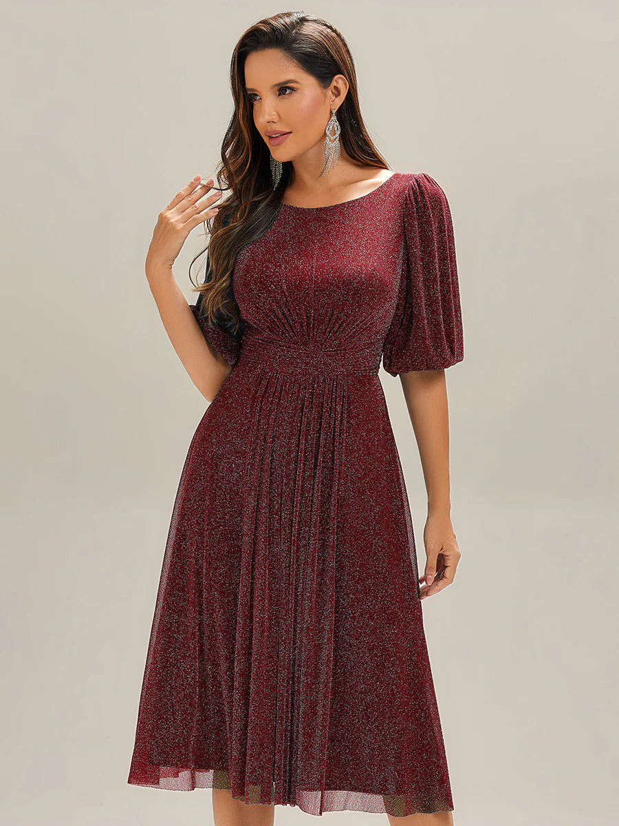 Half Sleeve Gathered A-Line Midi Length Wedding Guest Dresses