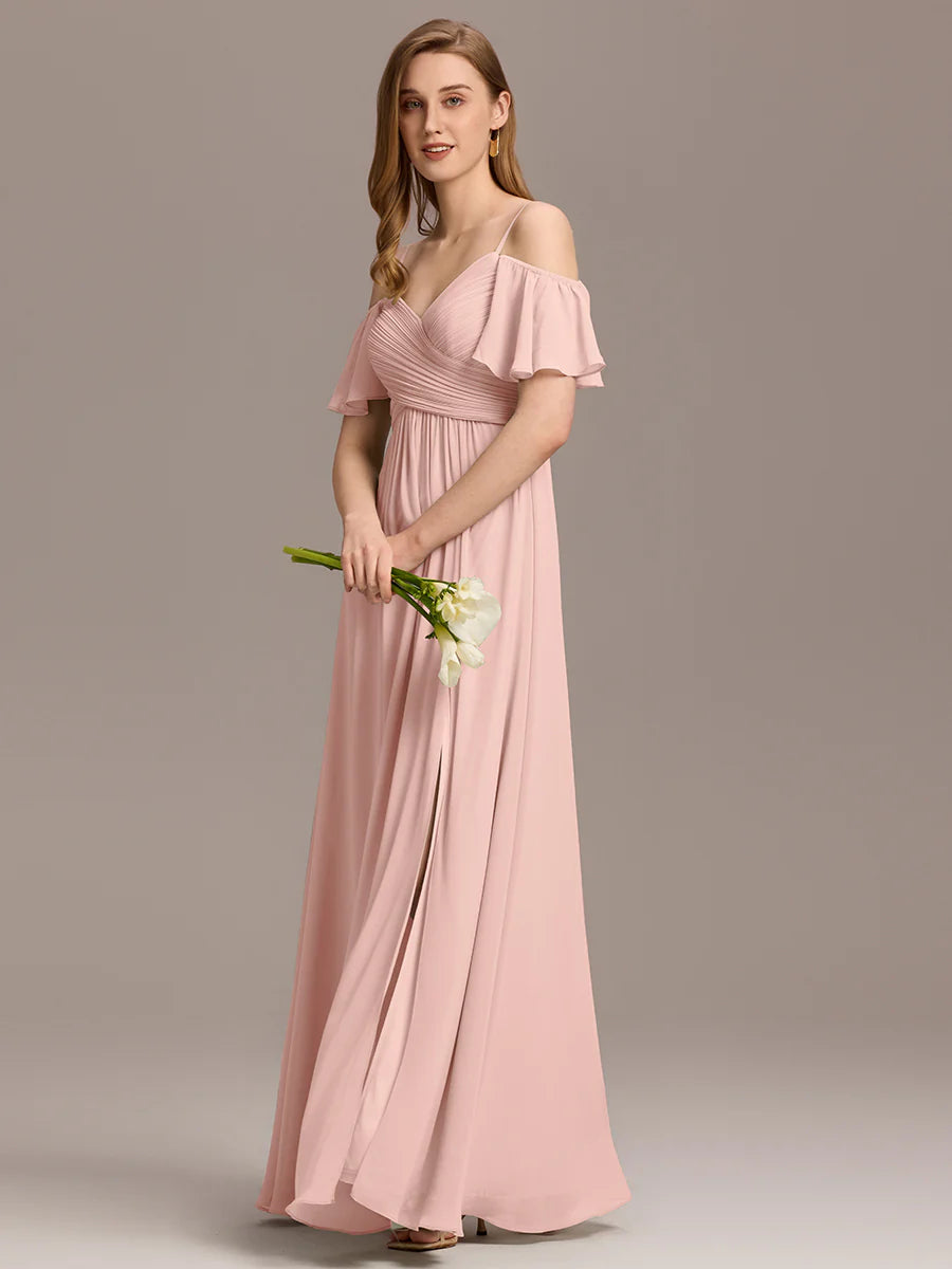 Short Sleeve Off Shoulder Pleated A-Line Split Floor-Length Bridesmaid Dresses