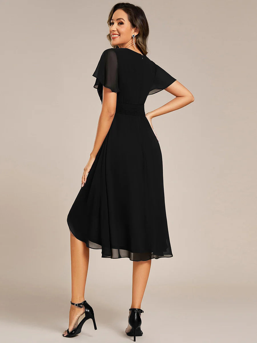 Short Sleeve Ruffled V-Neck Pleated Asymmetrical Midi Wedding Guest Dresses