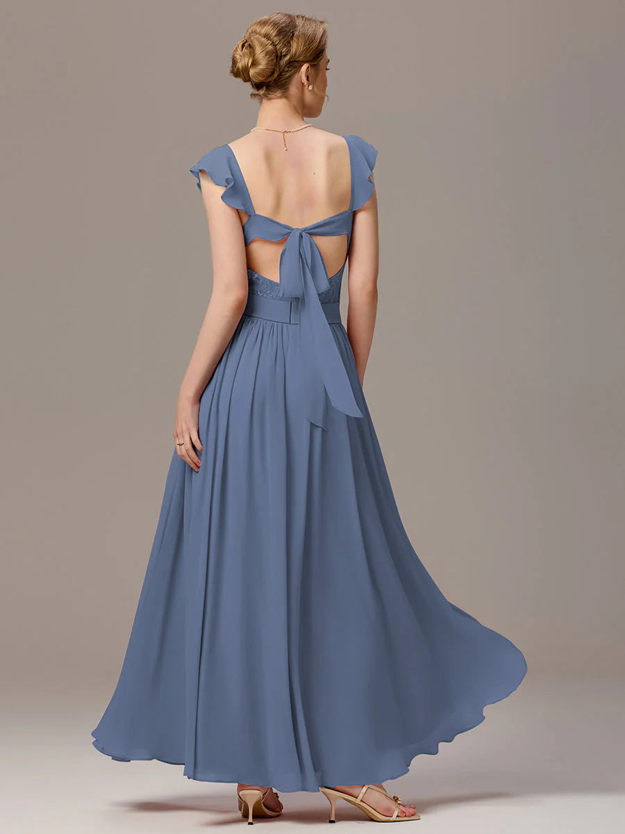 Wholesale Custom Made Back-Tie Pleated Ruffles Sleeves Bridesmaid Dress