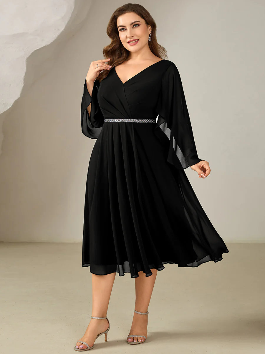 Plus Size 3/4 Sleeve Ruffle Deep V-Neck A-Line Midi Wedding Guest Dresses